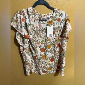 DR2 White Floral Short Sleeve Ruffle-Sleeve Blouse